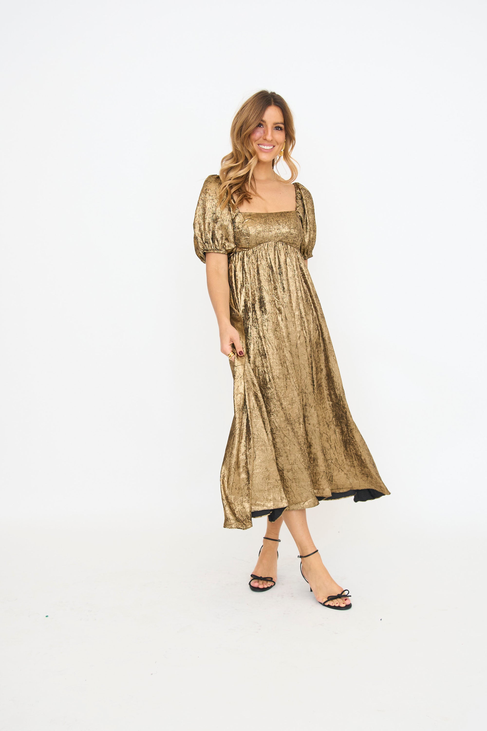 Metallic Puff Sleeve Midi Dress