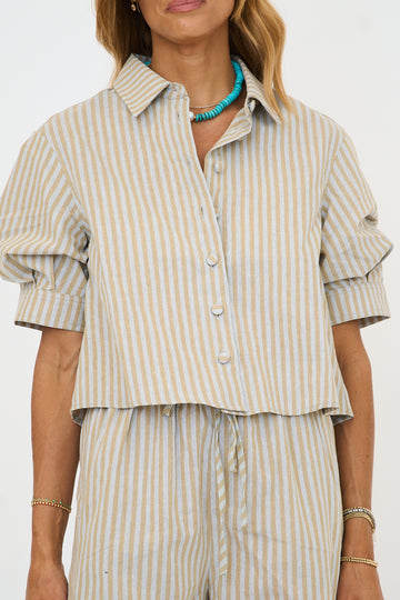 Stripe Linen Button Puff Sleeve Top