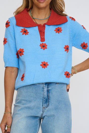 Hand-stitched Floral Embroidery Collared Sweater