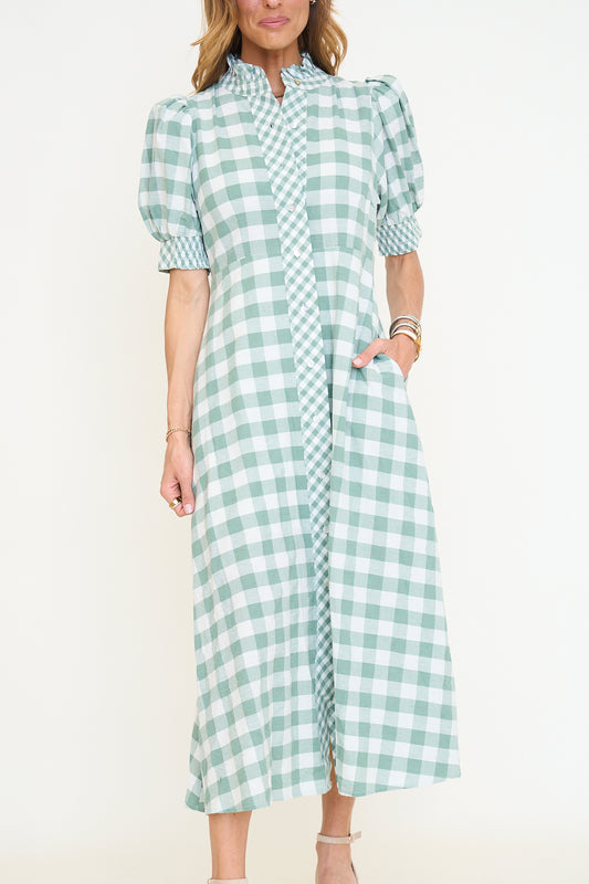 Contrast Gingham Button Down Midi Dress