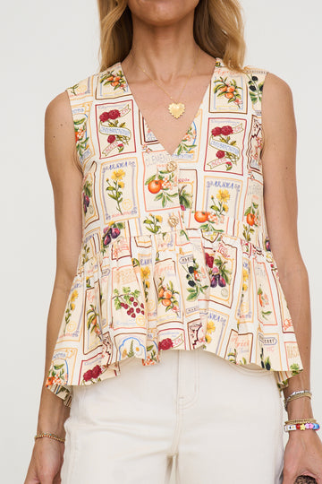 Linen Blend Fruit Floral Peplum Top
