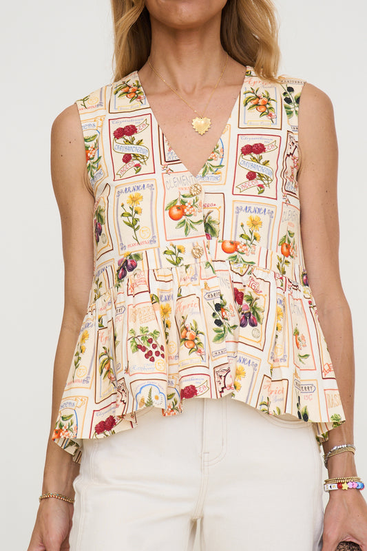 Linen Blend Fruit Floral Peplum Top