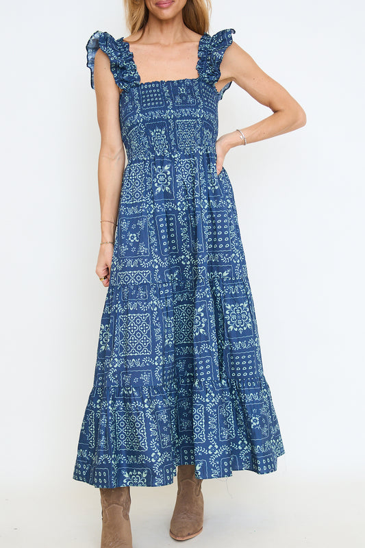 Bandana Print Cotton Smocked Tiered Ruffle Midi Dress