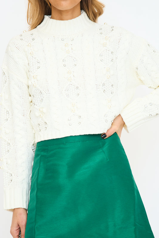 Pearl & Crystal Cable Knit Sweater Top