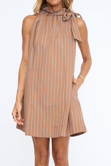 Camel Ruffle Neck Tie Mini Dress