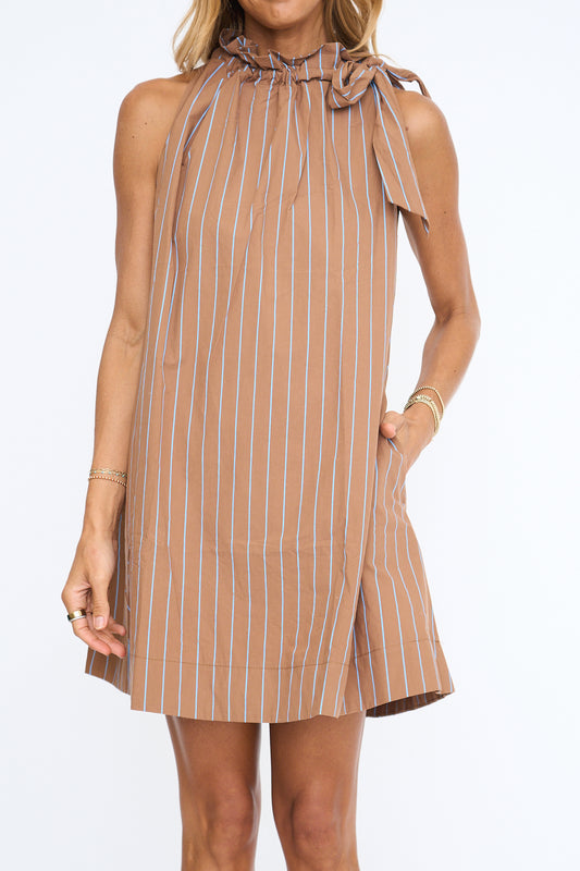 Camel Ruffle Neck Tie Mini Dress