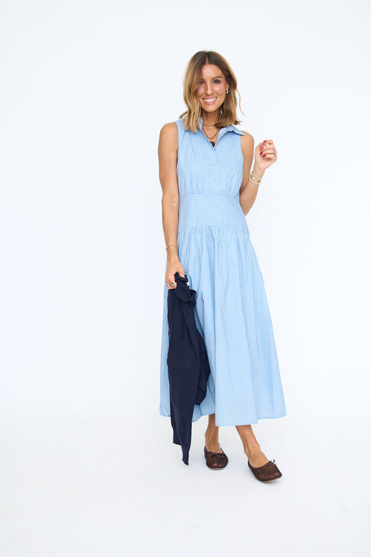 Striped Curved Yoke Midi Dress