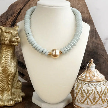 Wood Saucer Beads Short Statement Necklace Gold Center