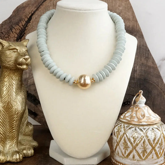 Wood Saucer Beads Short Statement Necklace Gold Center