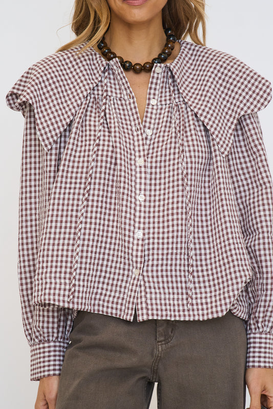 Gingham Poplin Peter Pan Collar Top