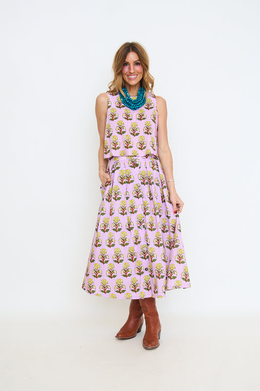 Lavender and Gold Floral Midi Skirt Set