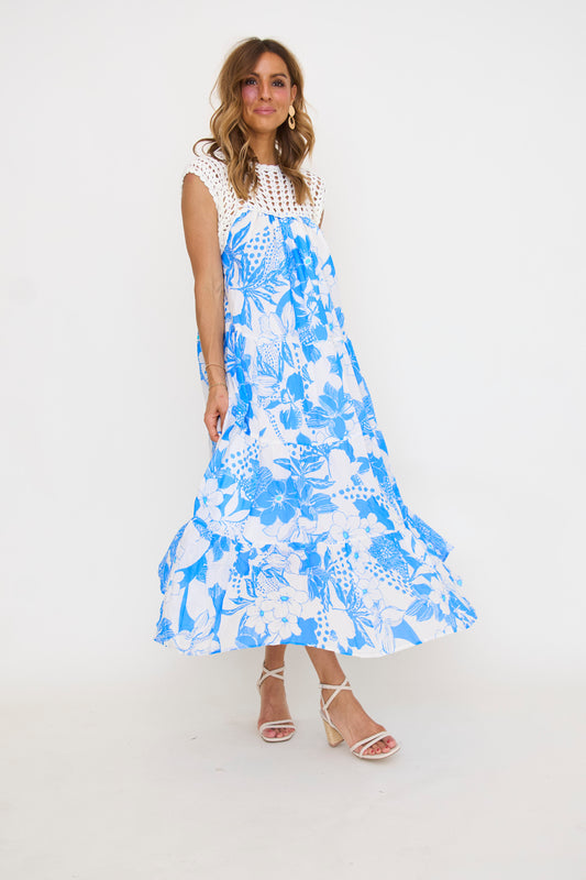 Crochet Top Detail Tiered Maxi Dress