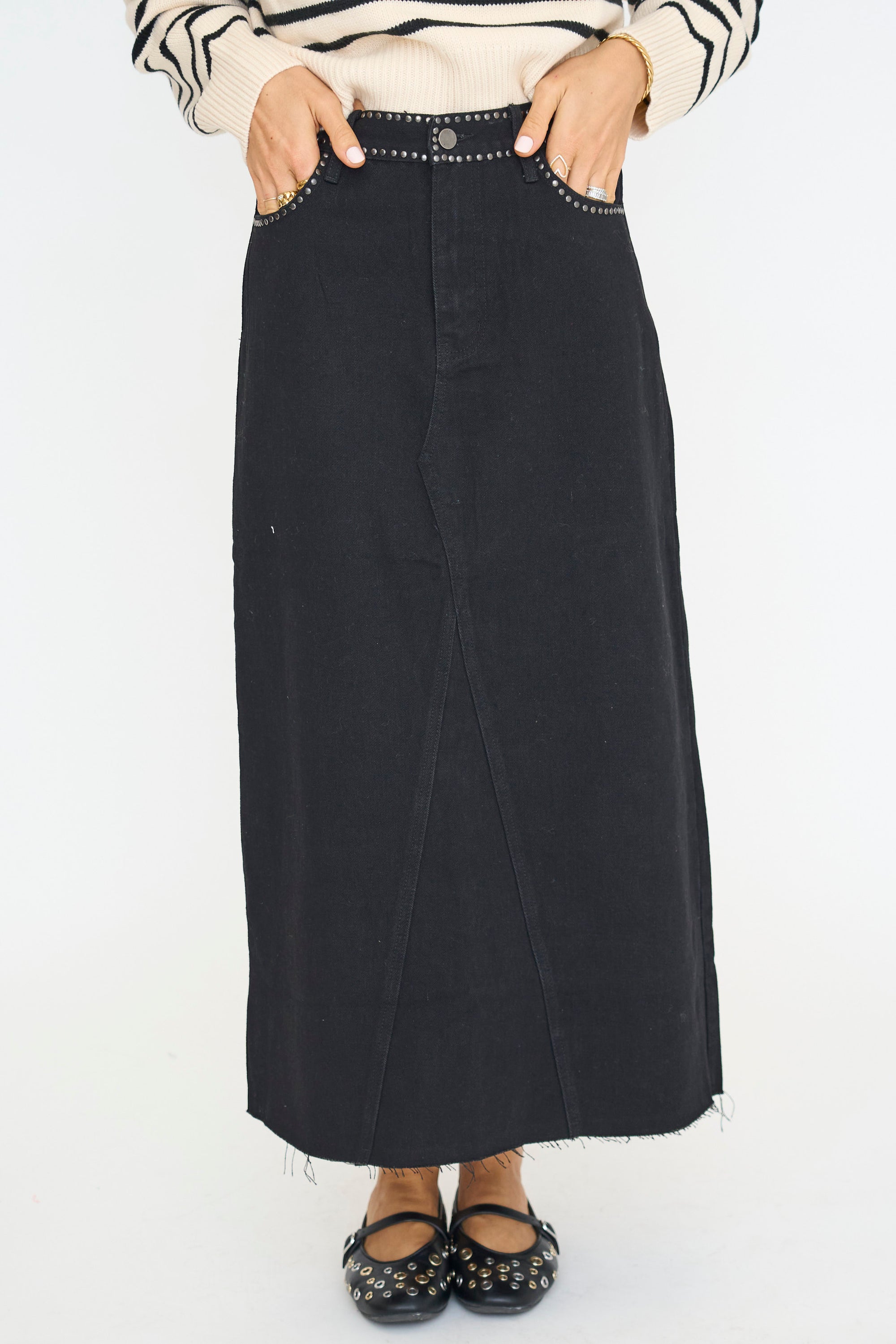 Stud Trim Denim Midi Skirt