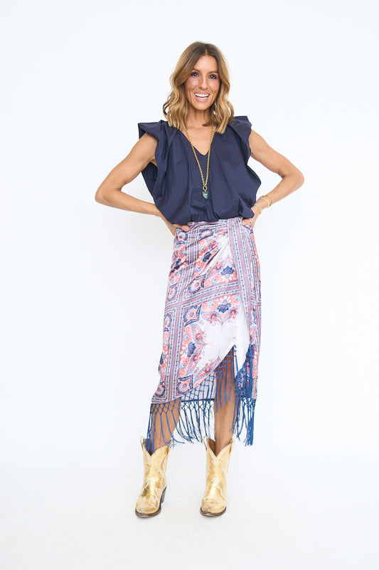 Aries Draped Fringe Hem Midi Skirt
