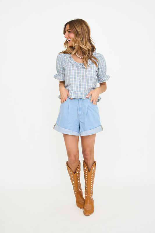 Dusty Blue Gingham Puff Sleeve Top