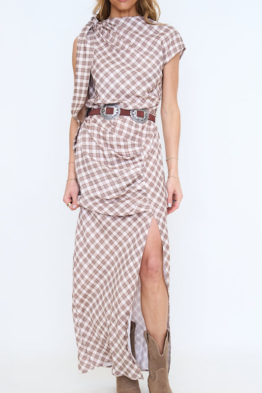 Plaid Tie Shoulder Maxi Dress