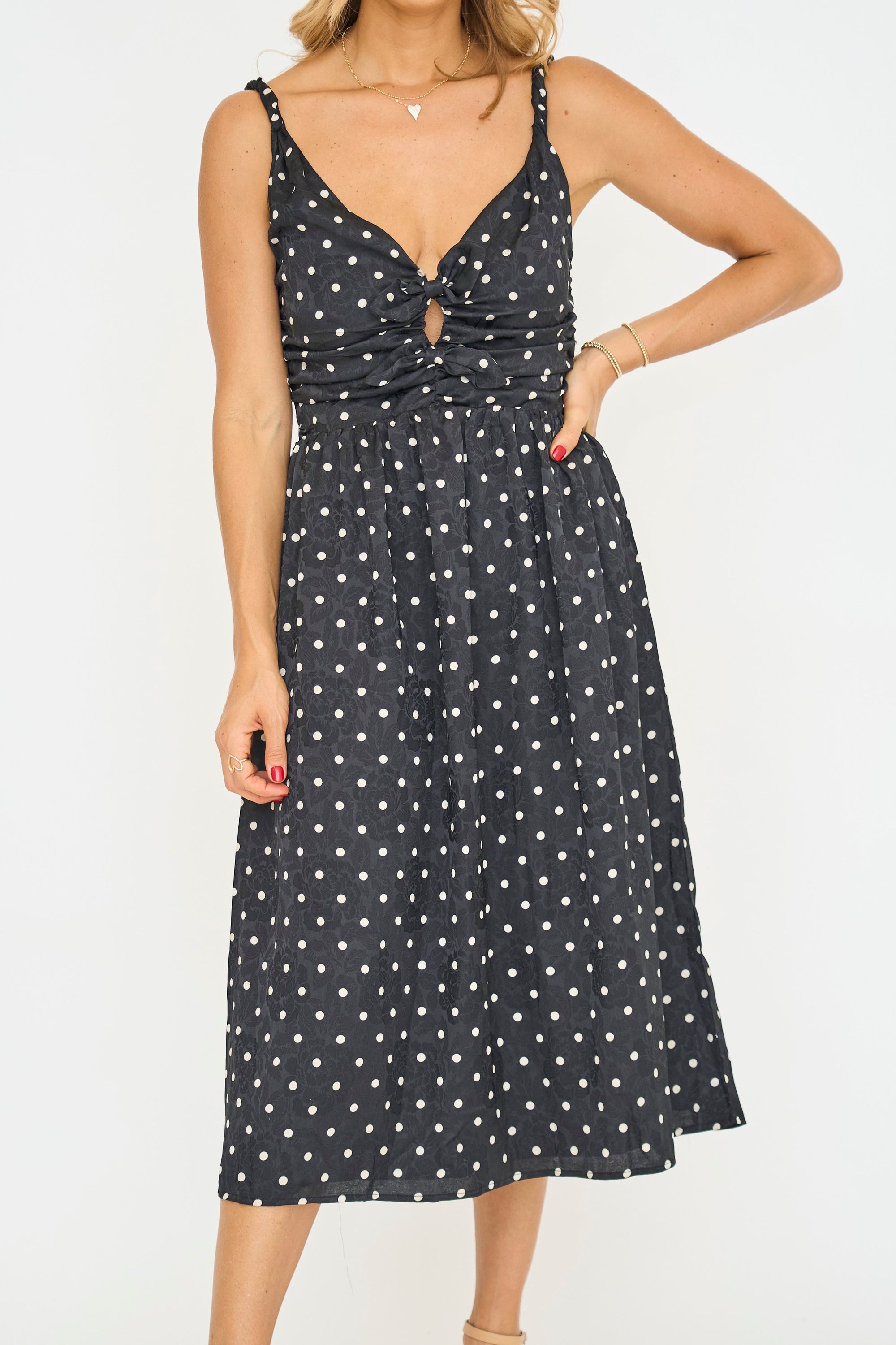 Lena Ruched Polka Dot Midi Dress