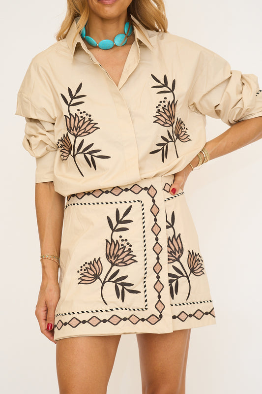 Tan Embroidered Button Down and Mini Skirt Set