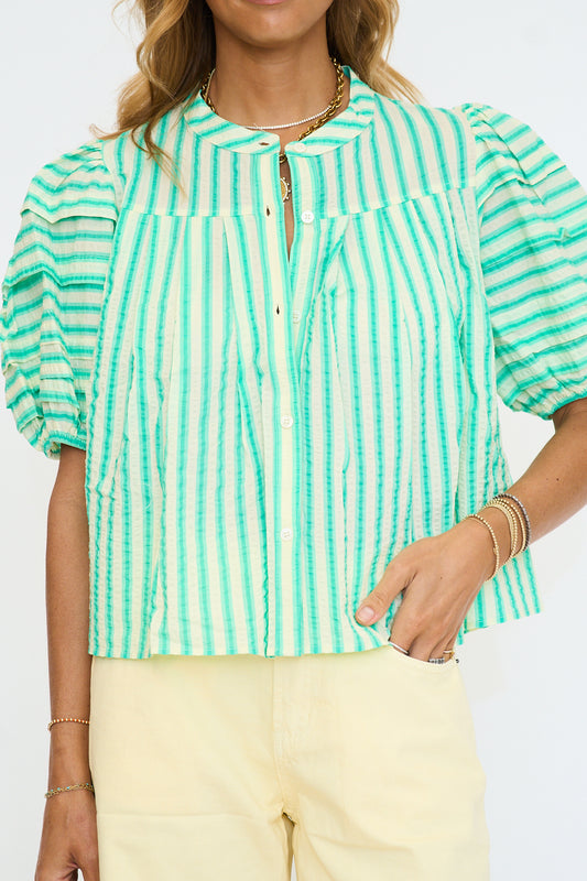 Seersucker Stripe Pleat Sleeve Top