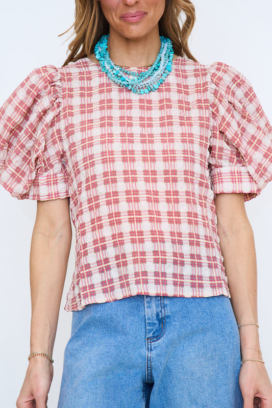 Puff Sleeve Check Pattern Top
