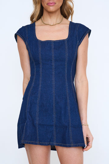 Square Neck Cap Sleeve Denim Dress