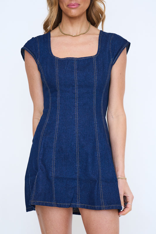 Square Neck Cap Sleeve Denim Dress