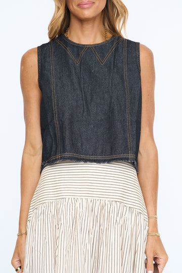 Contrast Stitch Button-Back Denim Tank Top