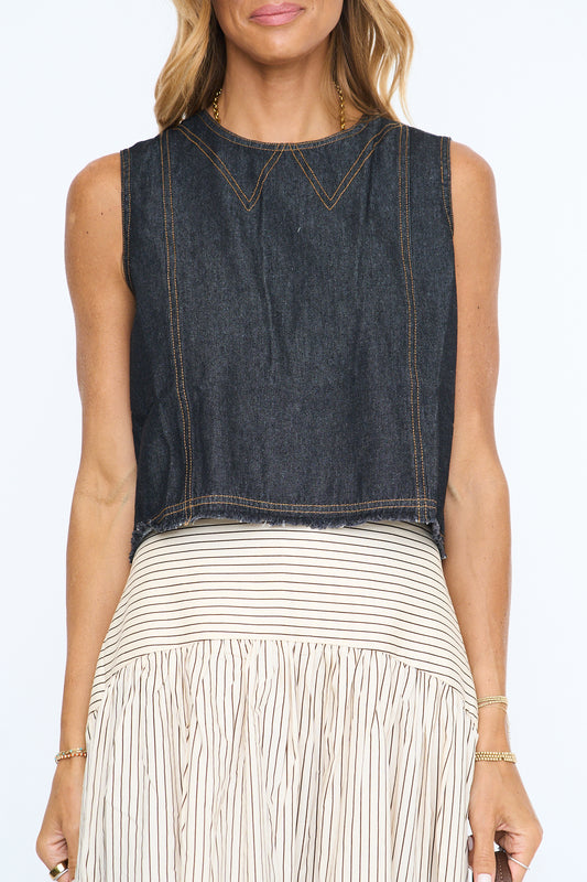 Contrast Stitch Button-Back Denim Tank Top