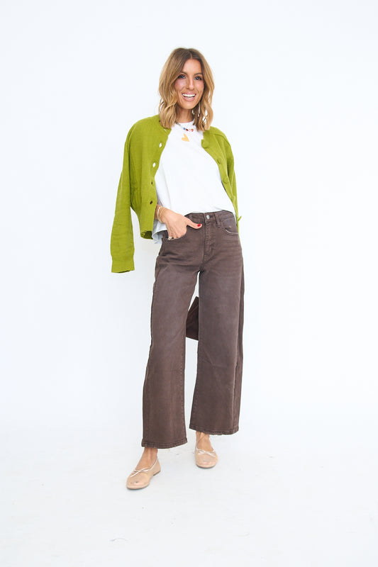 Chocolate High Rise Barrel Jean