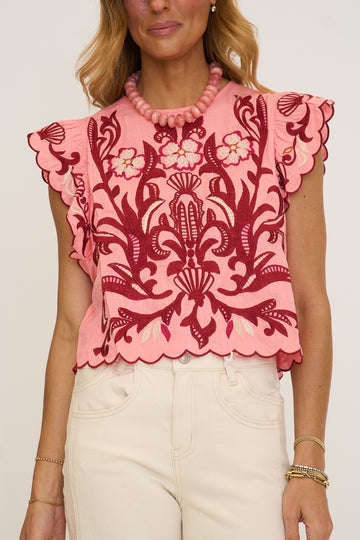 Flutter Sleeve Embroidery Detail Top