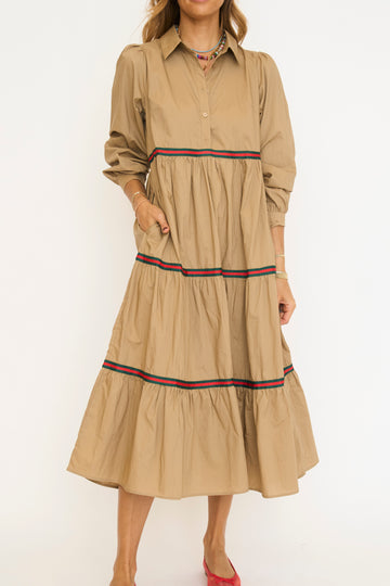 Stripe Tape Trim Accent Tiered Midi Dress