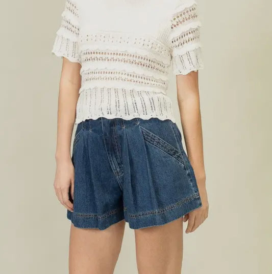 Pleated Denim Shorts with Adjustable Waist