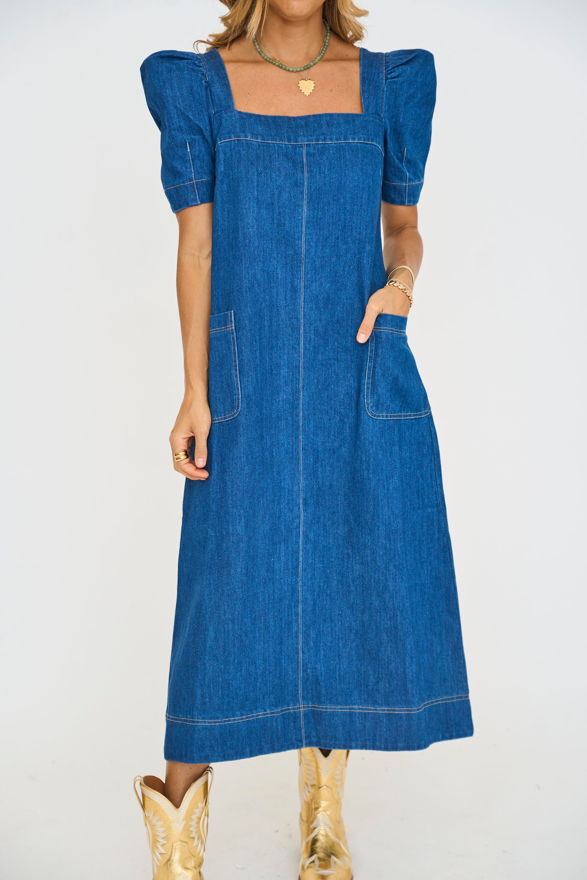 Square Neck Denim Midi