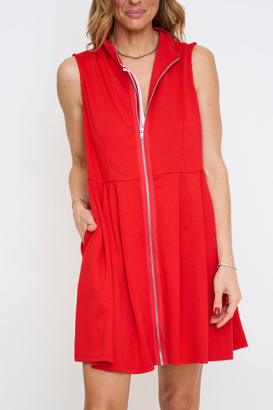 Color Band Contrast Accent Pleated Zip Up Dress