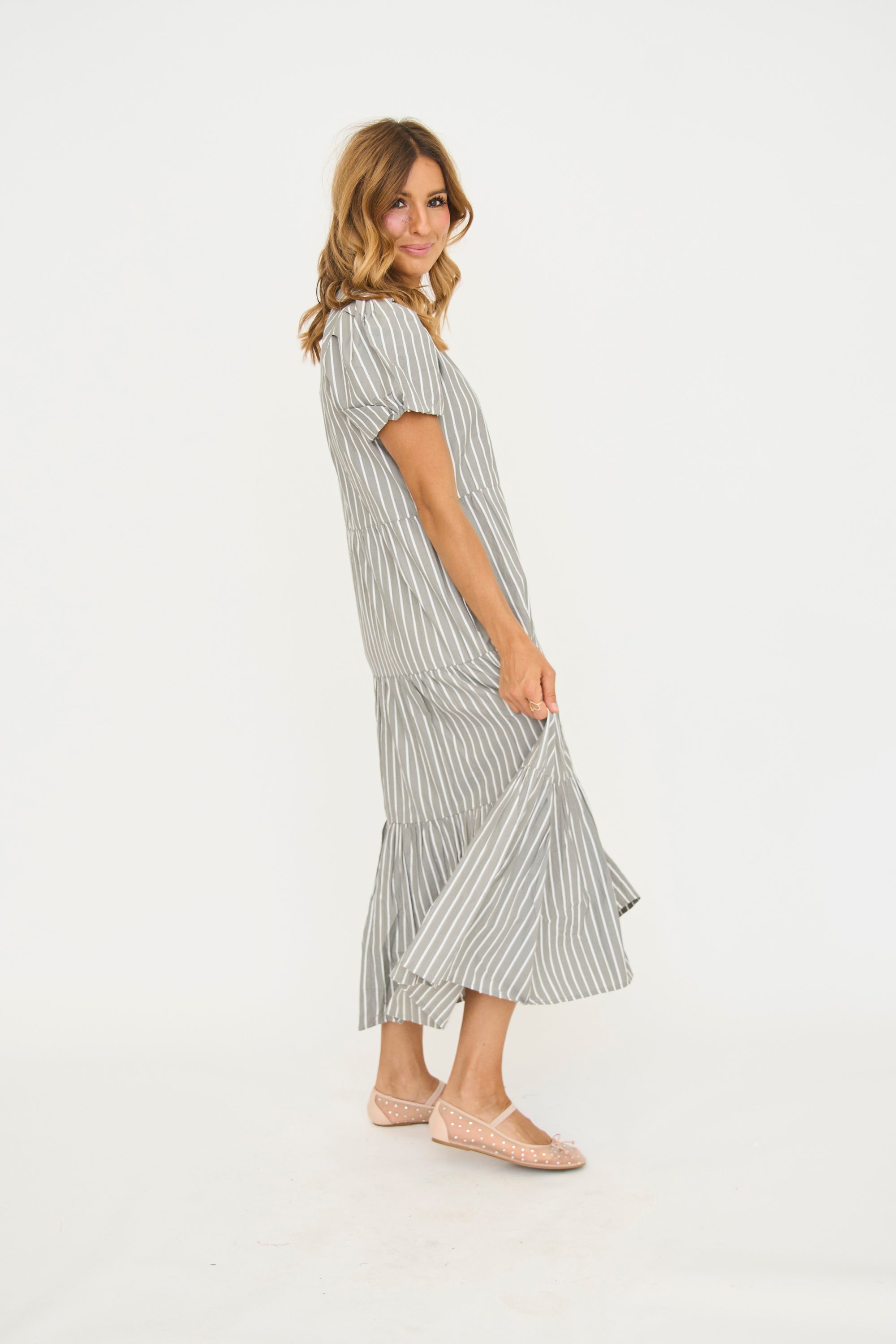 Grey Pinstripe Midi Dress