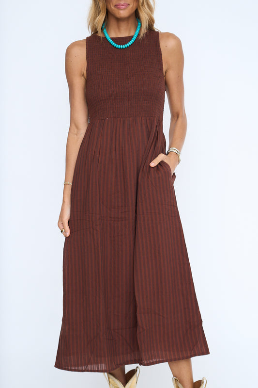 Ava Brown Smocked Midi Dress