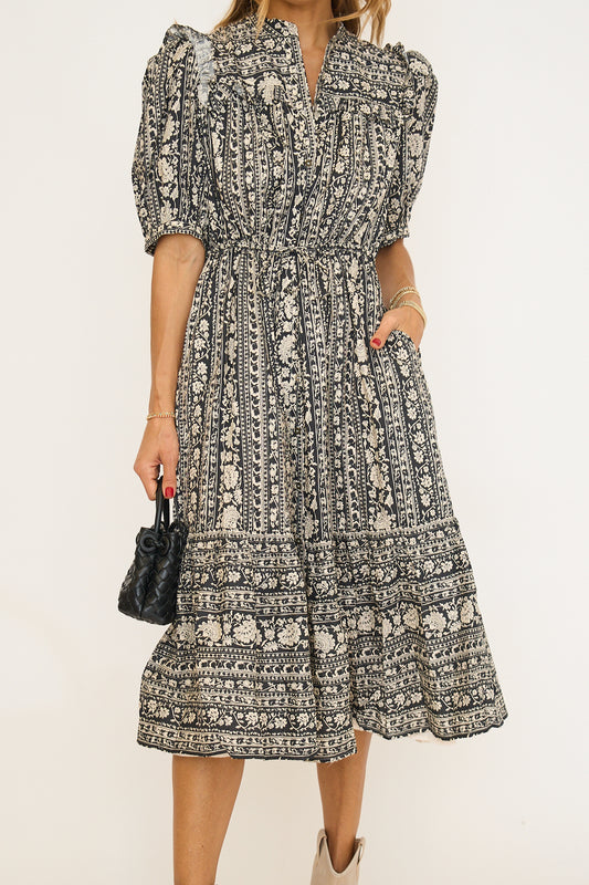 Averie Floral Drawstring Waist Midi Dress