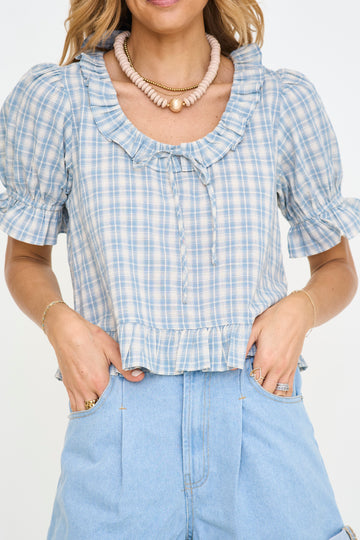 Dusty Blue Gingham Puff Sleeve Top