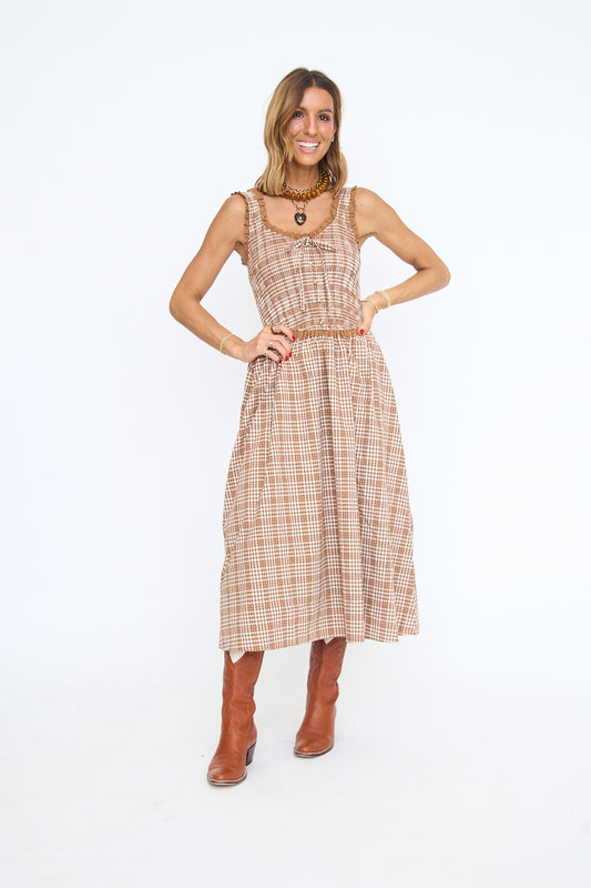 Smocked Lace Insert Midi Dress