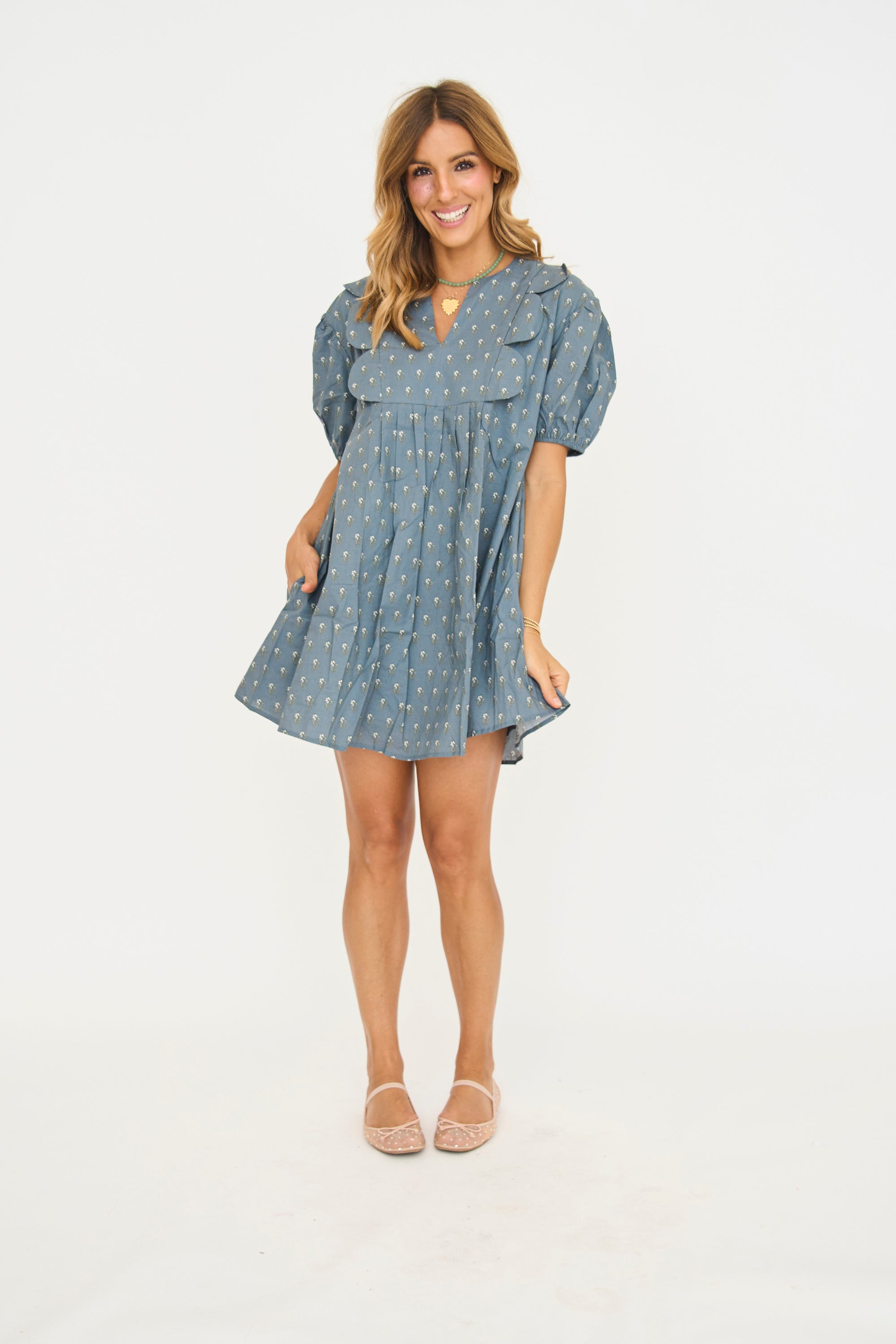 Scallop Bib Mini Dress in Slate Blue