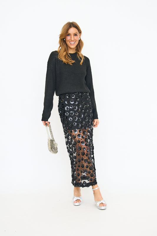 Flower Sequin Sheer Midi Skirt