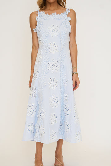 Floral Eyelet Lace Midi Dress in Baby Blue