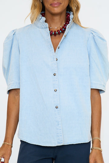 Denim Ruffle Neck Button Up Top