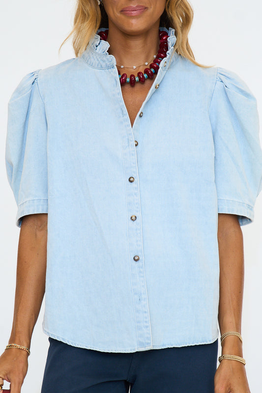 Denim Ruffle Neck Button Up Top