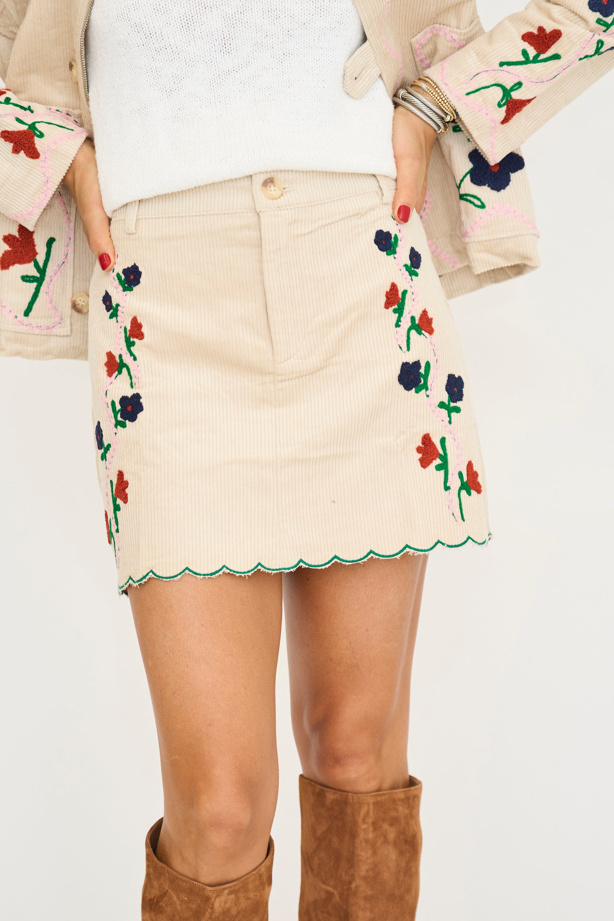 Corduroy Mini Skirt w/ Floral Embroidery