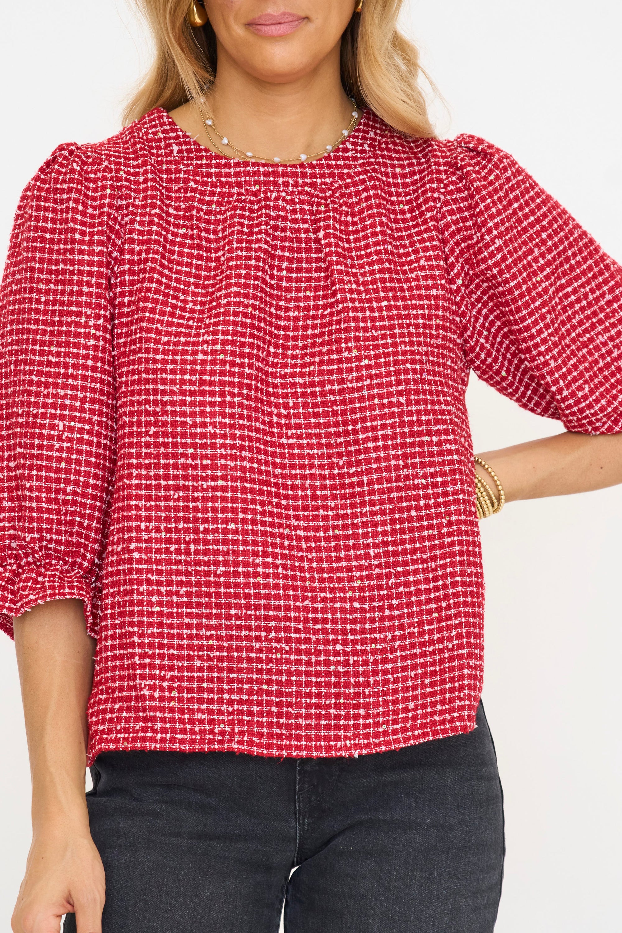 Mixed Textured Tweed/Chiffon Woven Top