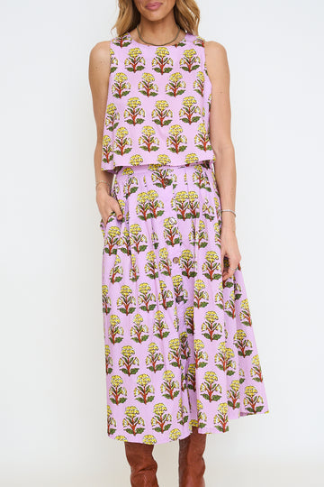 Lavender and Gold Floral Midi Skirt Set
