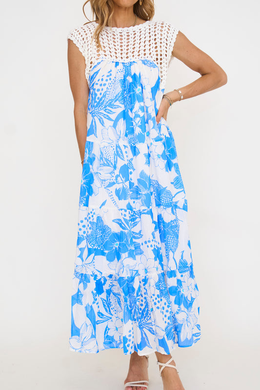 Crochet Top Detail Tiered Maxi Dress