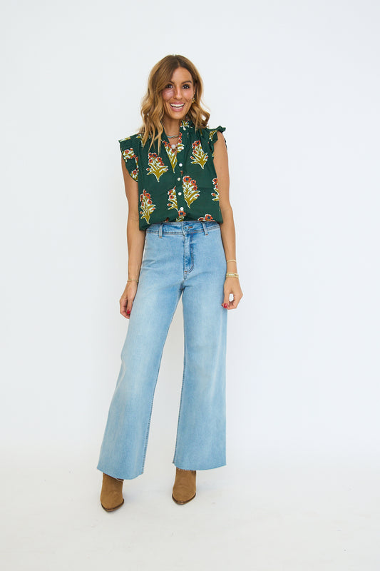 Green Flutter Sleeve Floral Detailed Top