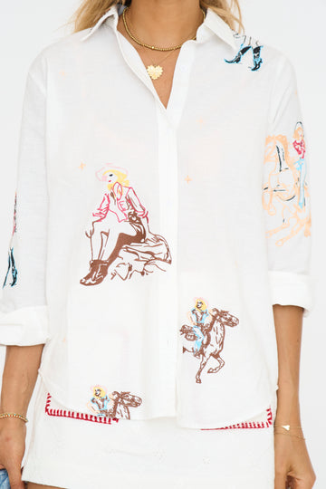 Western Cowgirl Motif Button Up Linen Shirt Blouse